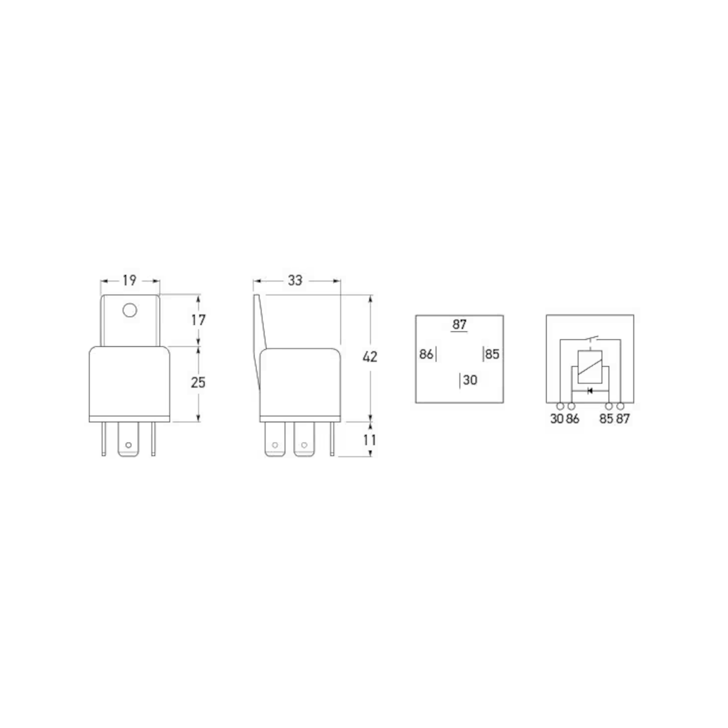 Relay, Hella, Normally Open With Diode, 4 Pin, 24v, 22a, (3054) - Each