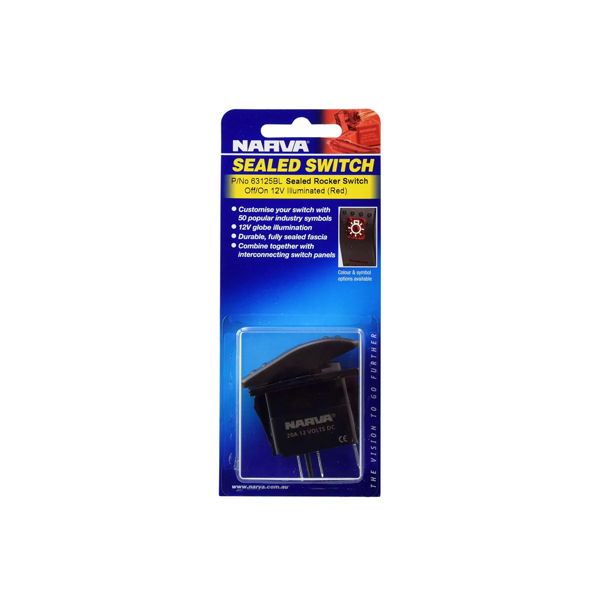Switch, Narva, Illuminated Sealed Rocker Off/On, 12v, Red - Each