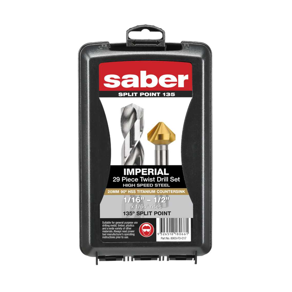 Drill Set, Saber, Imperial HSS Drill Set, 1/16"-1/2", With Bonus 20mm Counter Sink - 30 Piece