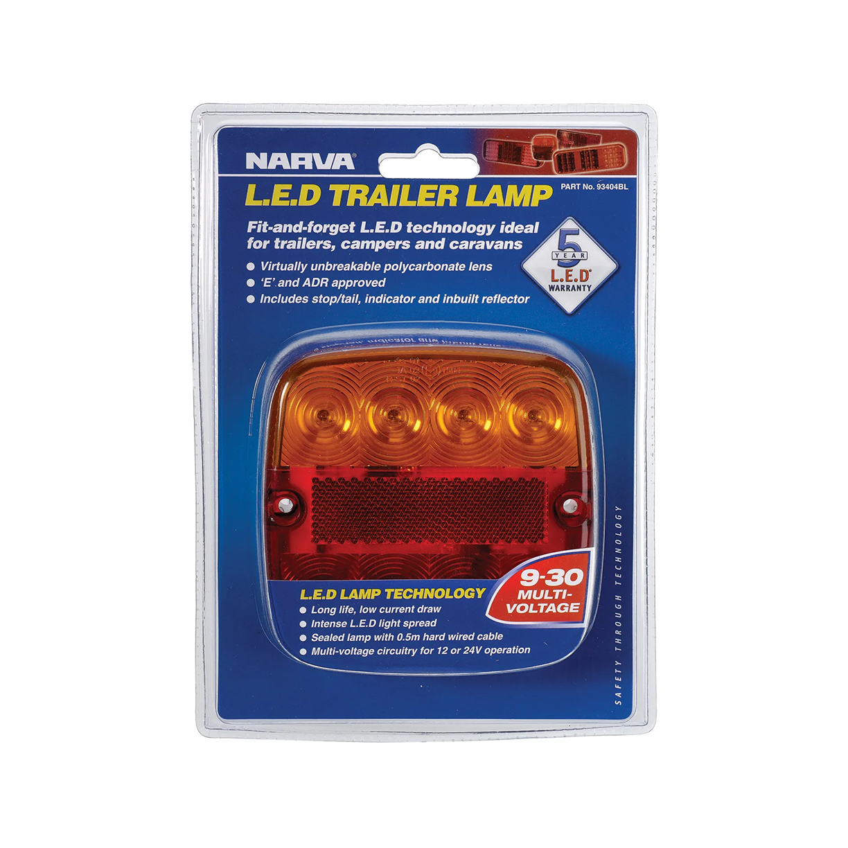 Rear Stop/Tail/Indicator Lamp, Narva, LED, 0.5m Cable, 9-30v, Red/Amber - Each