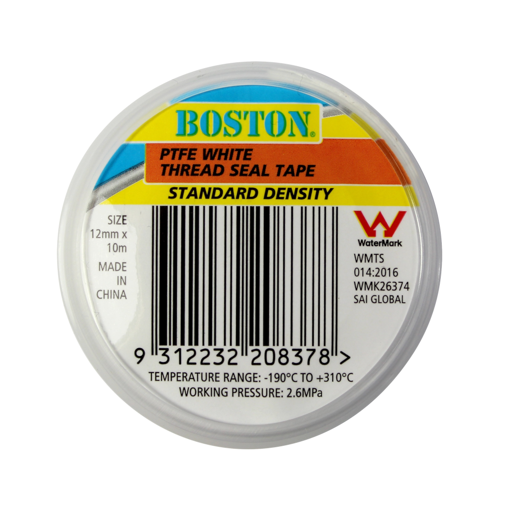 Thread Tape, Boston, Standard Density (0.35g/cm^3), White, 12mm - 10m Roll