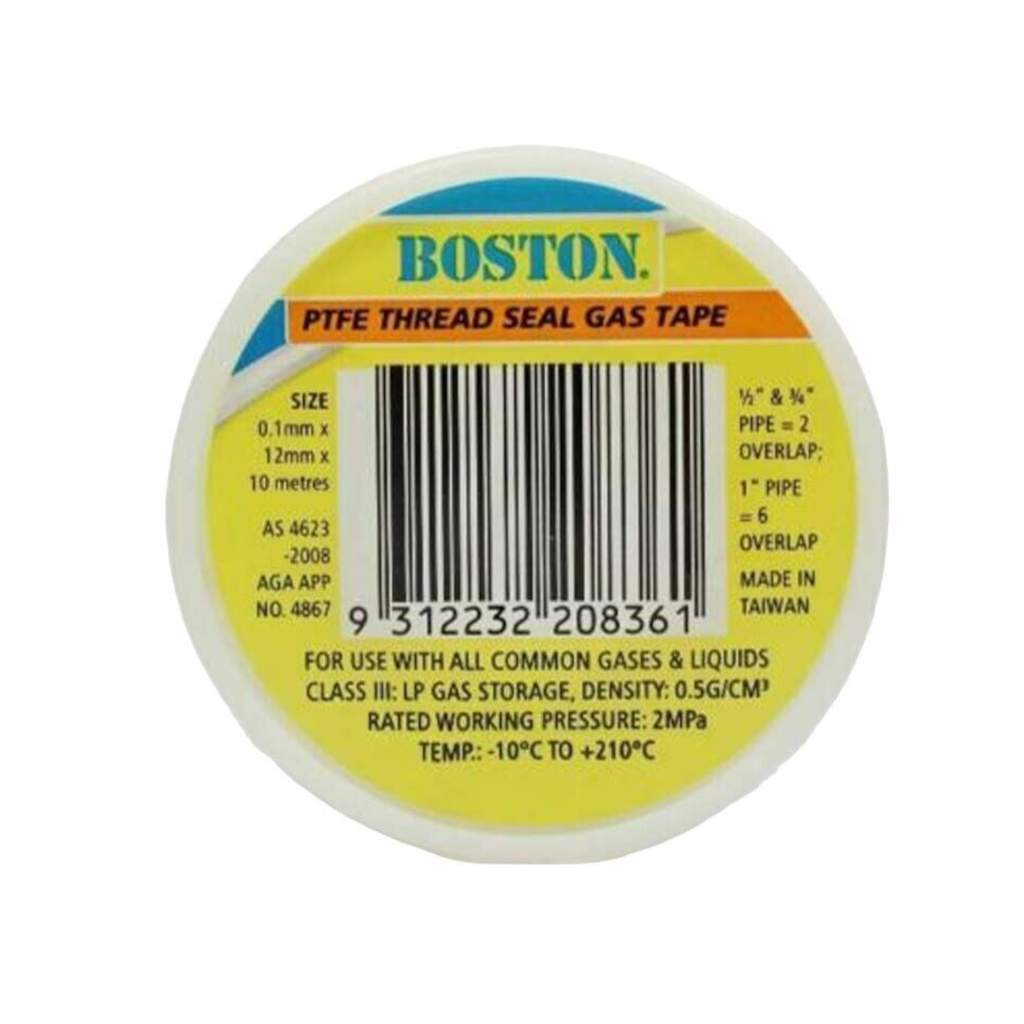 Thread Tape, Boston, Gas, Standard Density (0.5g/cm^3), Yellow, 12mm - 10m Roll
