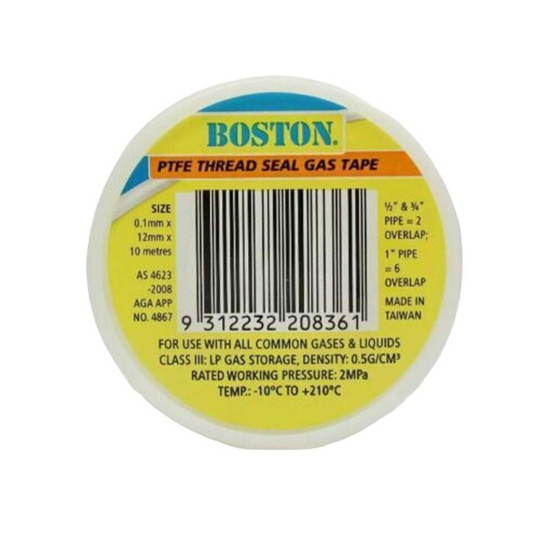 Thread Tape, Boston, Gas, Standard Density (0.5g/cm^3), Yellow, 12mm - 10m Roll