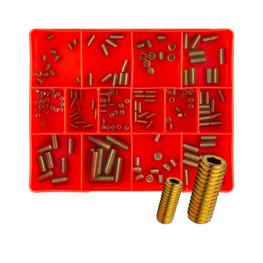 Grub Screws Assortment Kit, Champion, Metric & BSW, High Tensile GR8.8, 14 Sizes (5mm to 8mm & 3/16″ to 3/8″) - 64 Piece