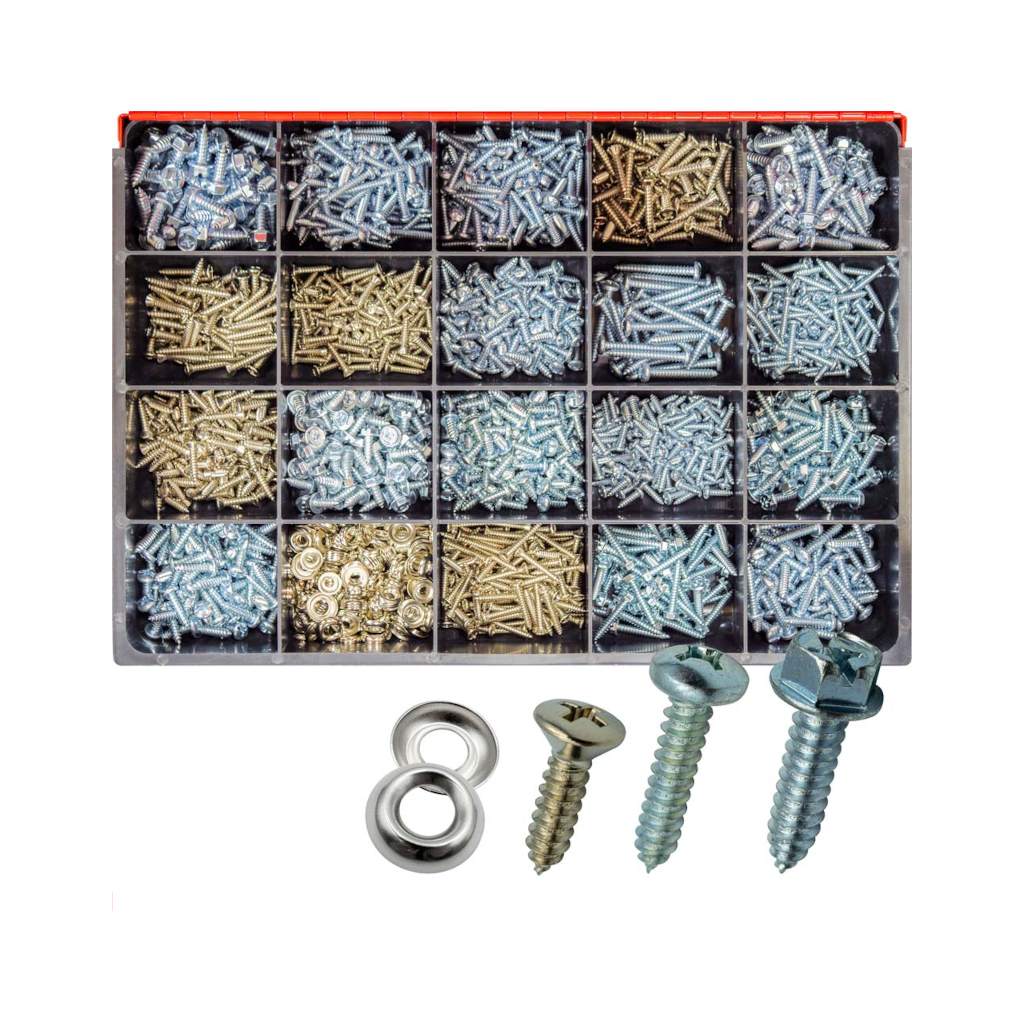 Self Tapping Screw Assortment Kit, Champion, Metric, Raised/Pan/Hex Head, Cup Washers, 19 Sizes - 1680 Piece