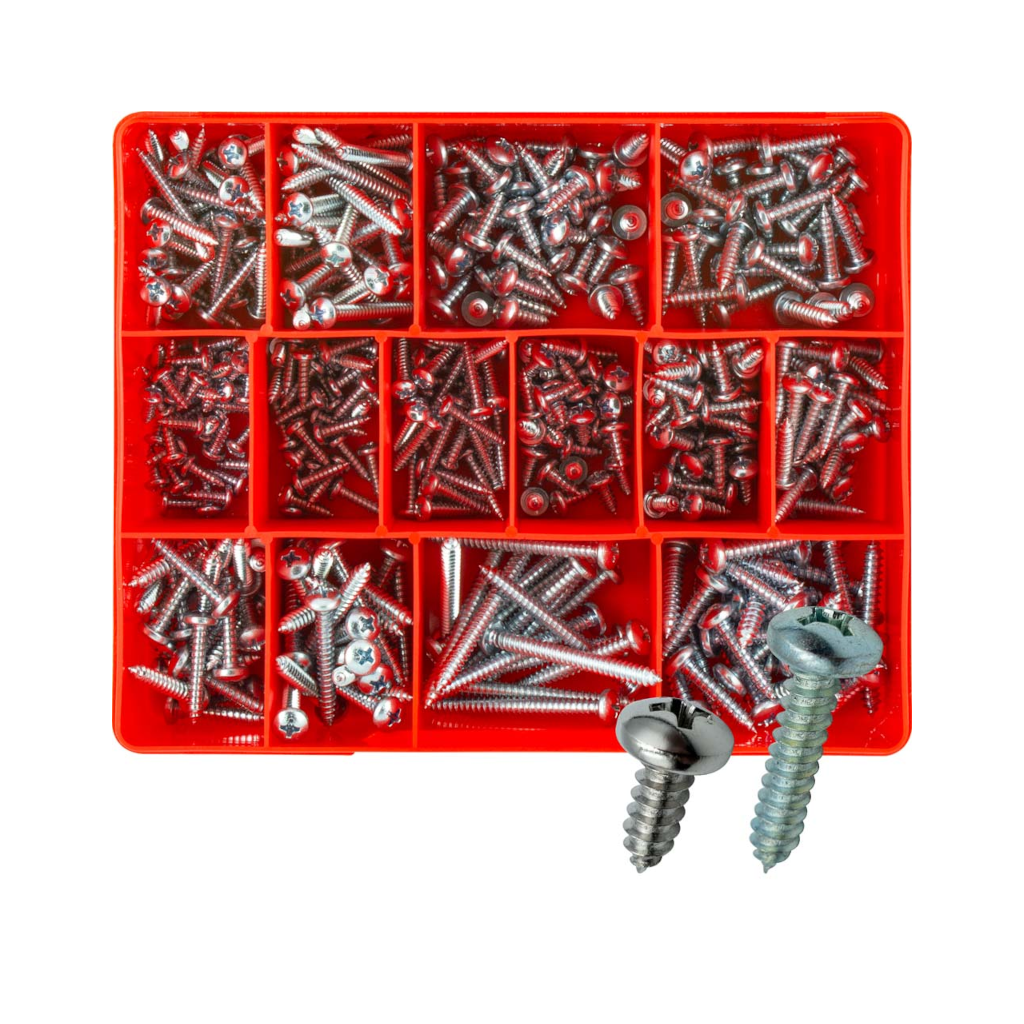 Self Tapping Screws Assortment Kit, Champion, Metric, Phillips Pan Head, Zinc Plated, 14 Sizes - 415 Piece