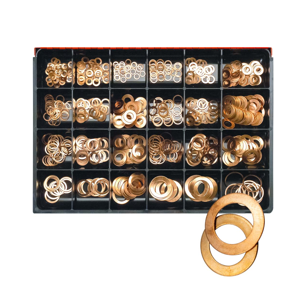 Copper Washer Assortment Kit, Champion, Metric, 1/1.5/2mm Thickness, 24 Sizes (5 to 26mm ID) - 565 Pieces