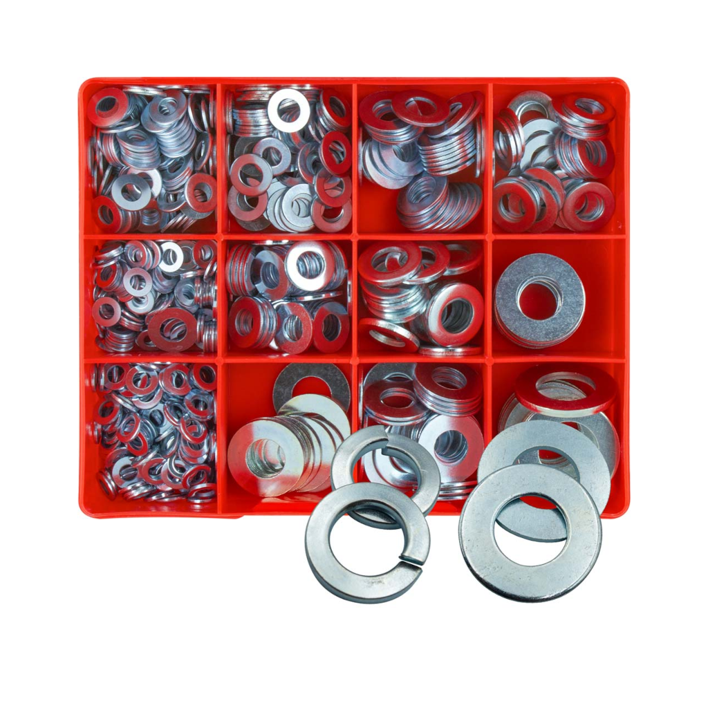 Steel Washer Assortment Kit, Flat, Metric & Imperial, 13 Sizes (6 to 20mm & 3/16" to 3/4") - 695 Pieces