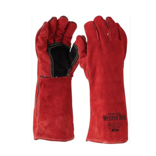 Safety Gloves, Welders, Premium Grade Split Leather, 406mm Long, Red - Pair