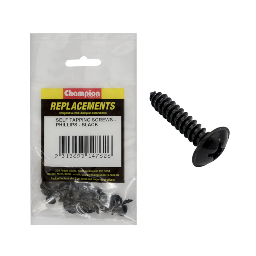 Self-Tapping Screws, Champion, Mushroom Head, Black Zinc, 4.2 x 9.5mm - 30 Pack