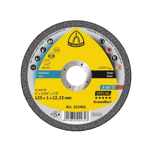Cutting & Grinding Disc, Flat A60TZ, 125 x 1.0 x 22.2mm - Each
