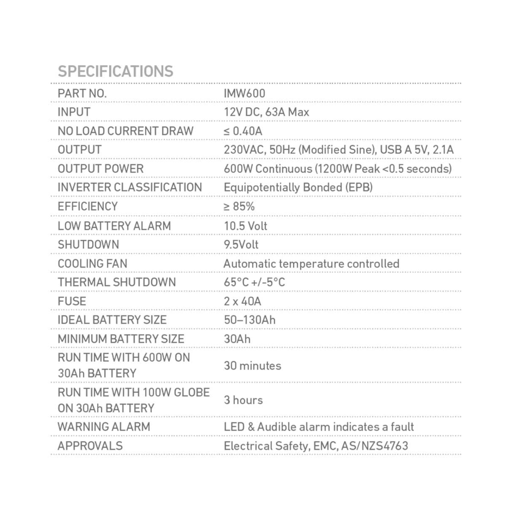 Inverter, Modified Sine Wave Inverter, 12v, 600w - Each