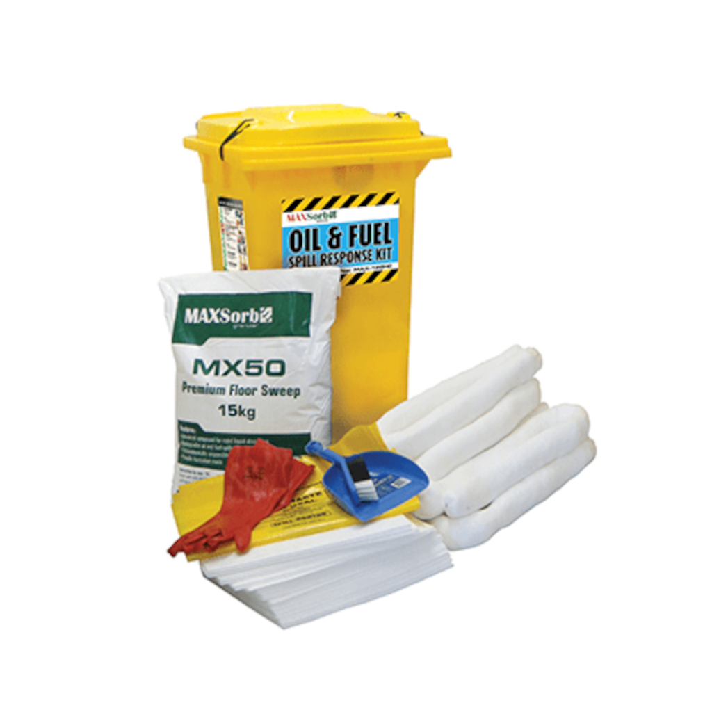 Spill Kit, MAXSORB, Oil & Fuel, with Gloves, Absorbent Granules & Other Supplies, 120lt Bin - Each