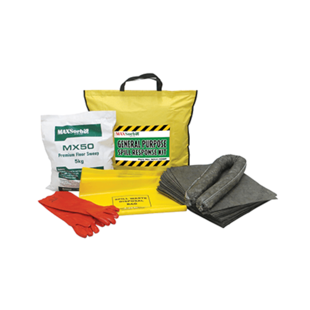 Spill Kit, MAXSORB, General Purpose, with Gloves, Absorbent Granules & Other Supplies, 40lt Bag - Each