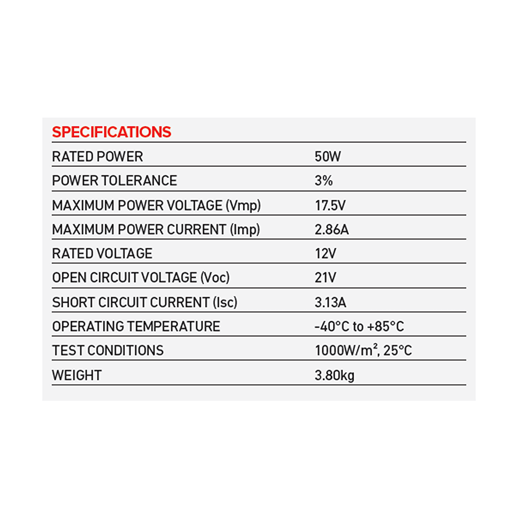 Solar Panel, Projecta, Fixed, Monocrystalline, 12v, 50w - Each