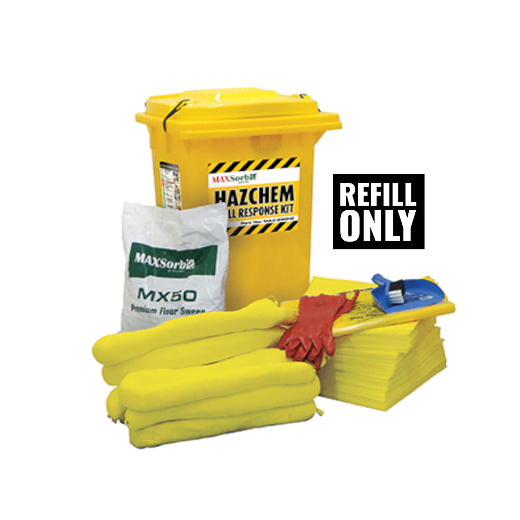 Spill Kit, MAXSORB, Oil & Fuel, with Gloves, Absorbent Granules & Other Supplies, 240lt Refill (No Bin) - Each