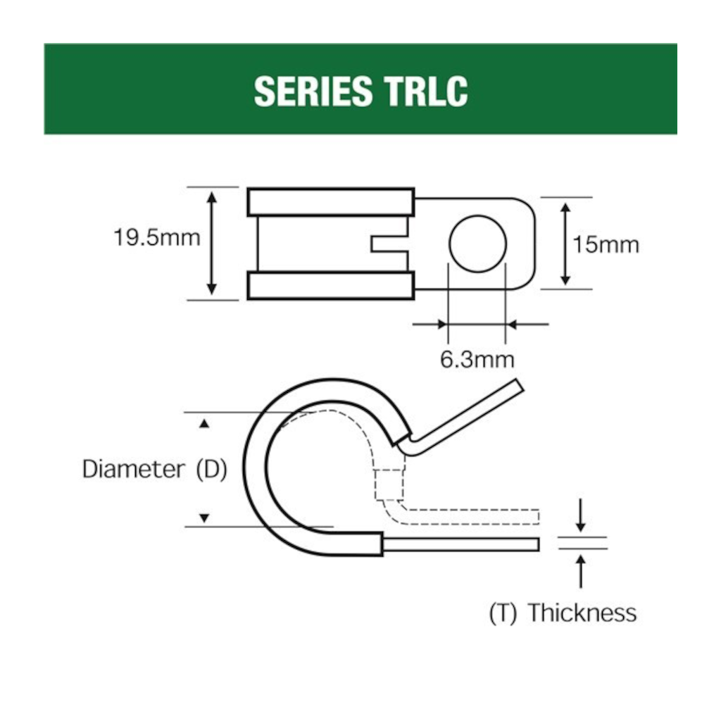 P Clip, Tridon, Rubber Lined, 42mm with 6.3mm Mounting Hole - 10 Pack