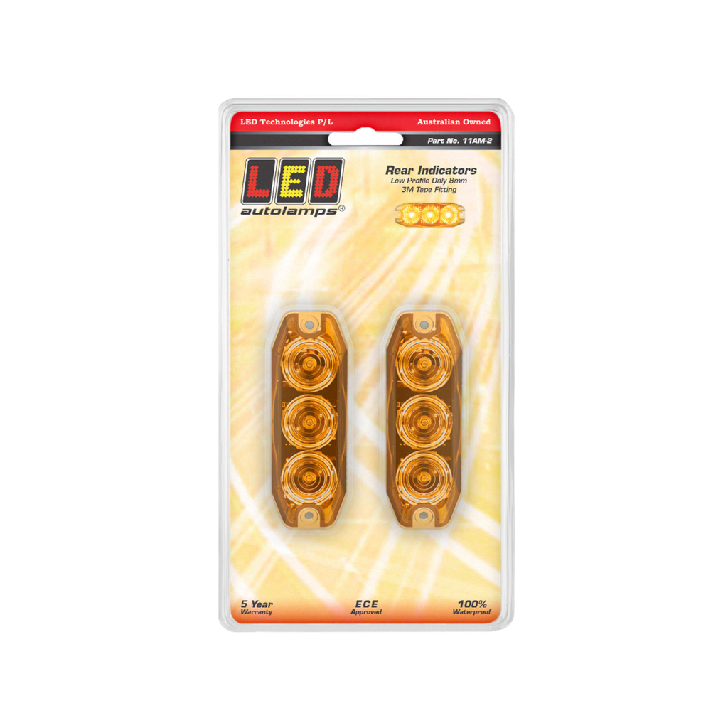 Rear Indicator, LED, Slim Line, 3 LED, Amber, 12-24v - 2 Pack
