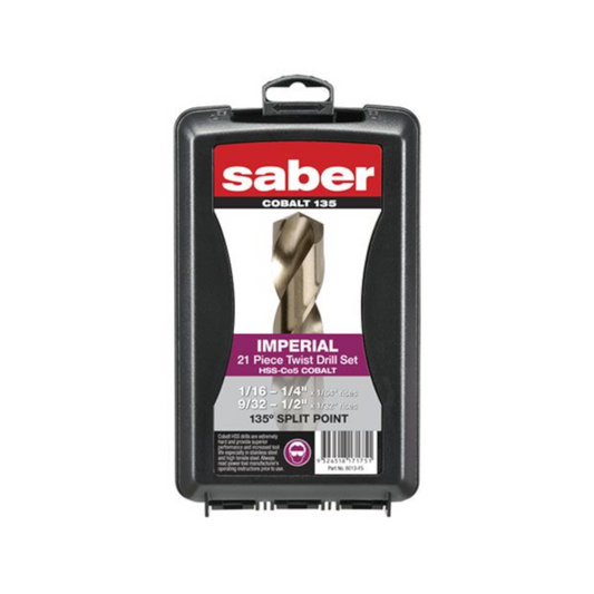 Drill Bit Set, Saber, HSS Cobalt Imperial, 1/16" x 1/2" - 21 Piece