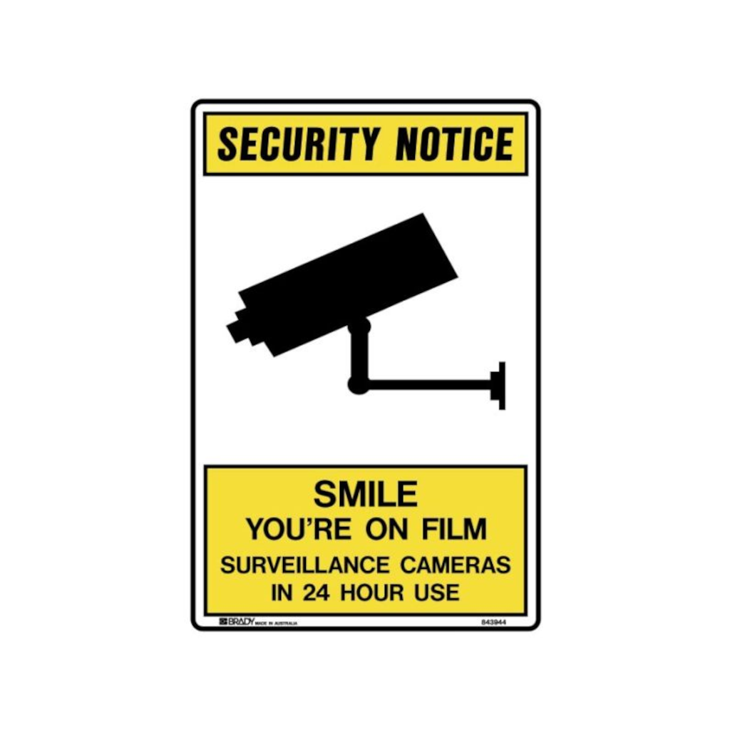 Security Notice Sign, “Smile You're On Film”, Self Adhesive Vinyl, 110 (H) x 150mm (W) - 5 Pack