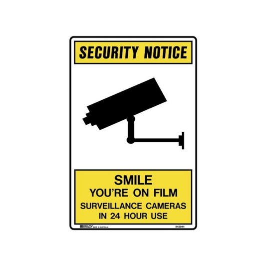 Security Notice Sign, “Smile You're On Film”, Self Adhesive Vinyl, 110 (H) x 150mm (W) - 5 Pack