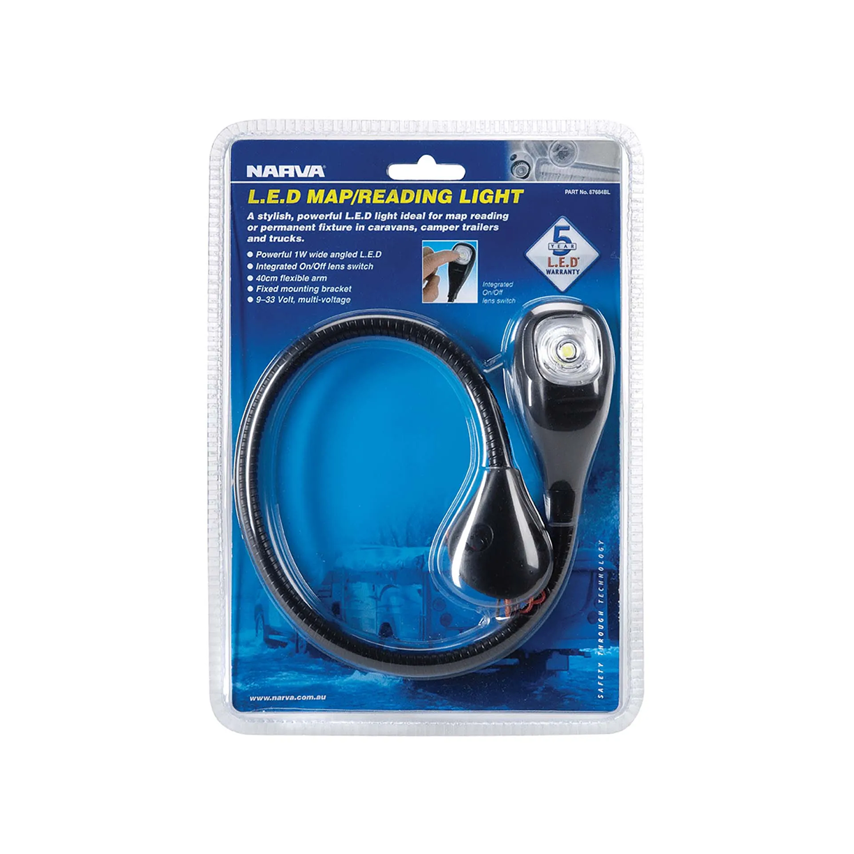 Light, Narva, Reading Light, LED, Flexible Arm, Off/On Lens Switch, 9-33v, 40cm - Each