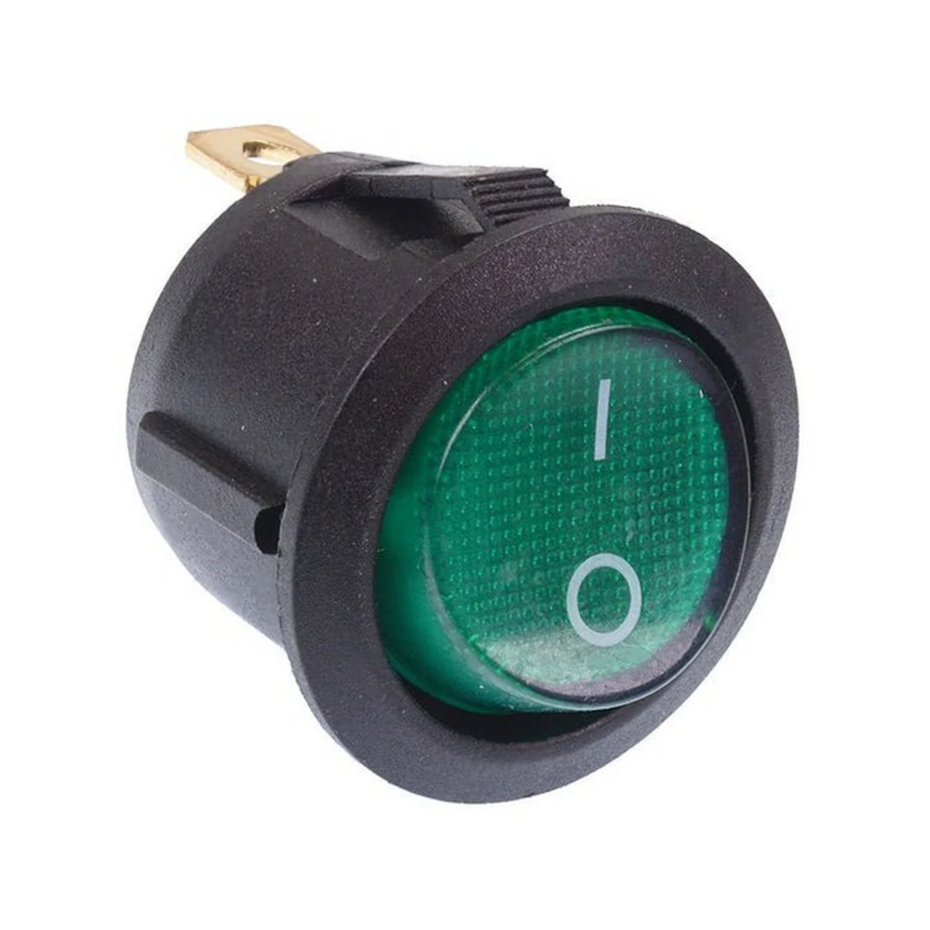 Switch, Round Rocker, Off/On, Green LED, 20mm, 12/24v - Each