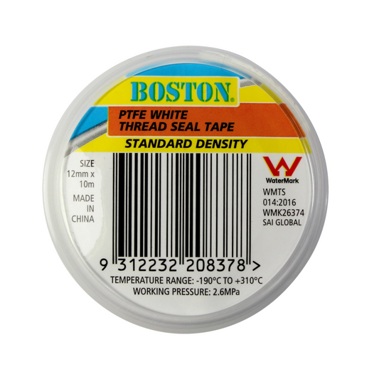 Thread Tape, Boston, Standard Density (0.35g/cm^3), White, 12mm - 10m Roll