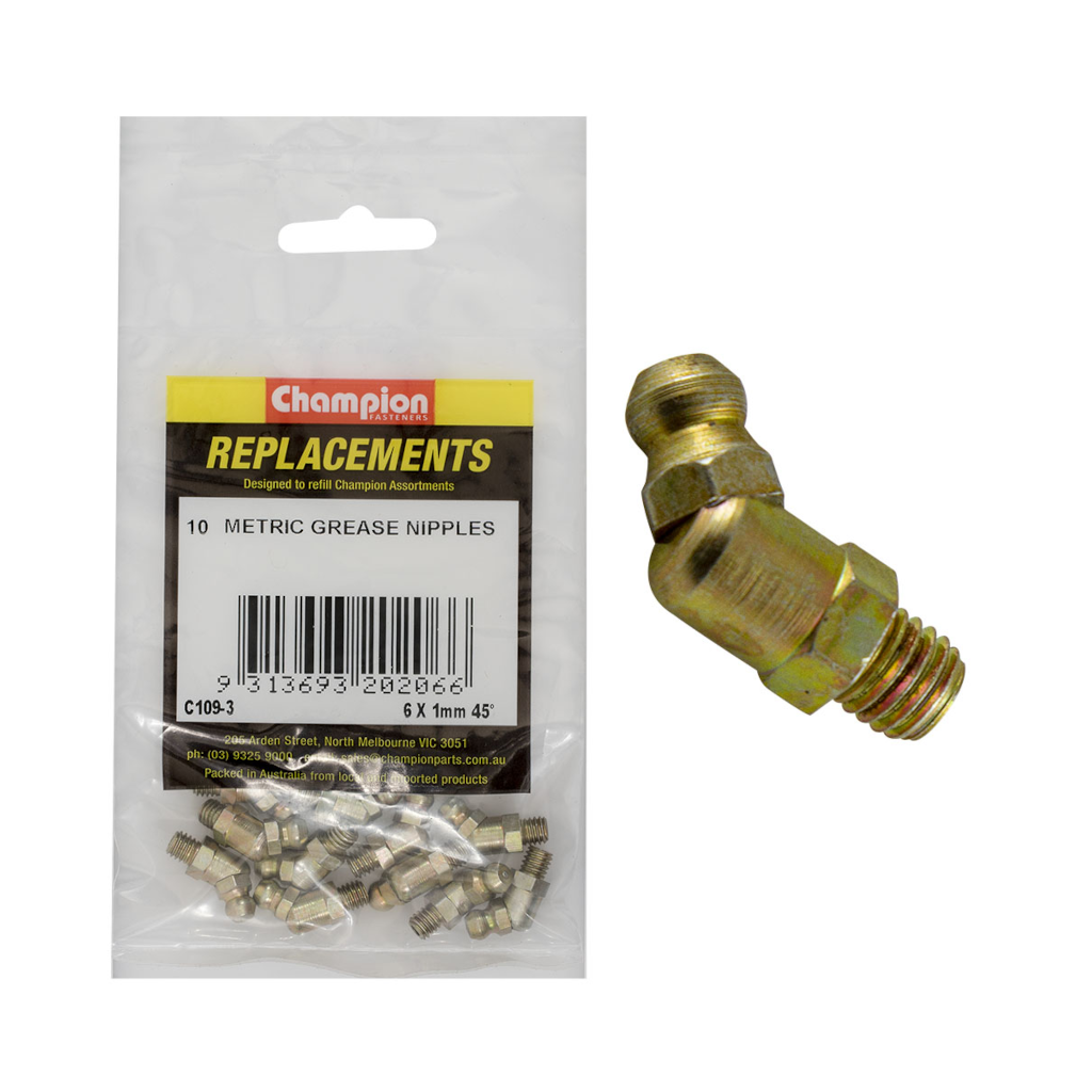 Grease Nipple, Champion, 45 Degree, 6.0 x 1.0mm - 10 Pack