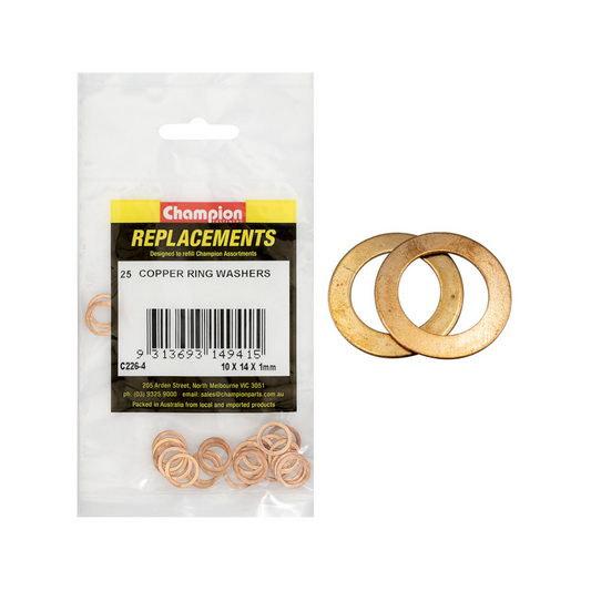 Fuel Injection Washers, Champion, Copper, 10mm x 14mm x 1mm - 25 Pack