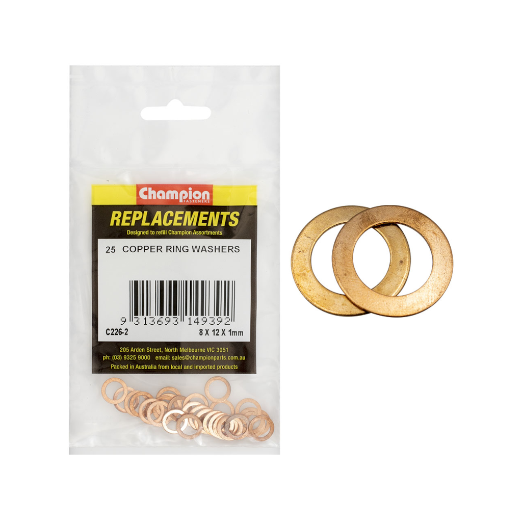 Fuel Injection Washers, Champion, Copper, 8mm x 12mm x 1mm - 25 Pack