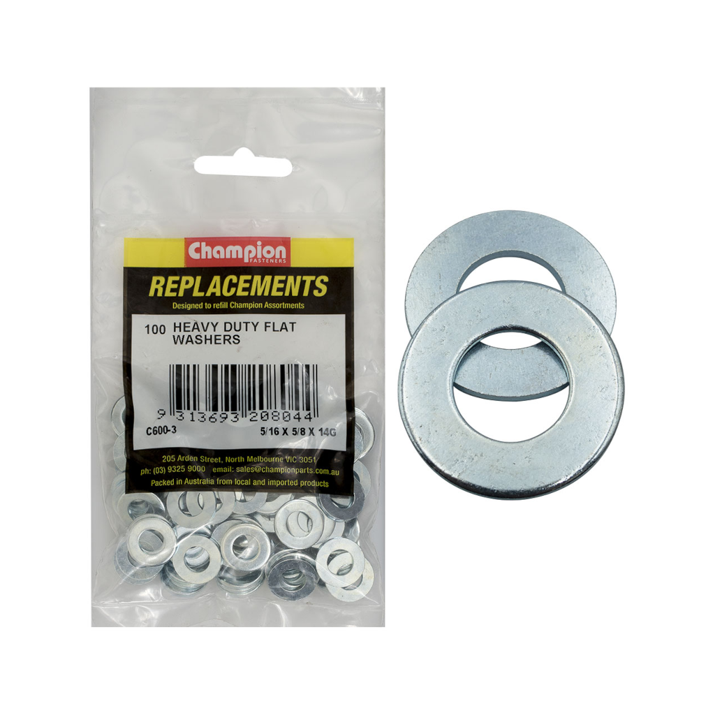 Flat Washers, Heavy Duty, Zinc Plated, 5/16” x 5/8” x 14G - 100 Pack