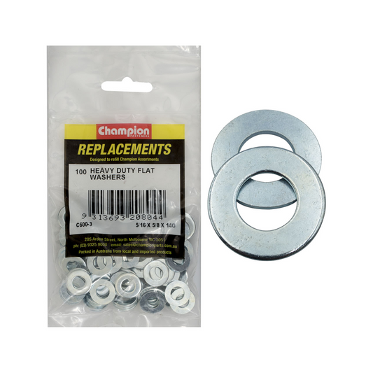 Flat Washers, Heavy Duty, Zinc Plated, 5/16” x 5/8” x 14G - 100 Pack