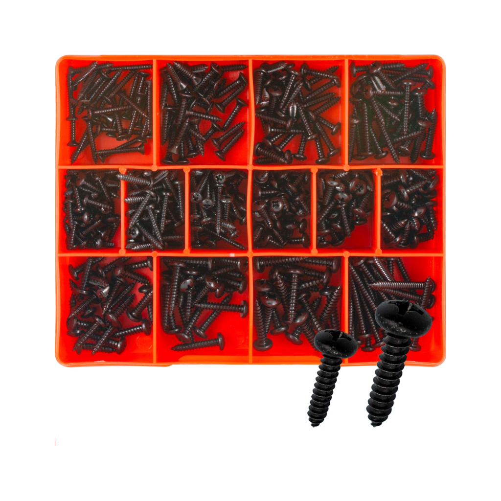 Self-Tapping Screw Assortment Kit, Champion, Metric, Black Zinc Plated, Pan and Raised Head, Phillips Head Drive, 14 Sizes - 415 Piece