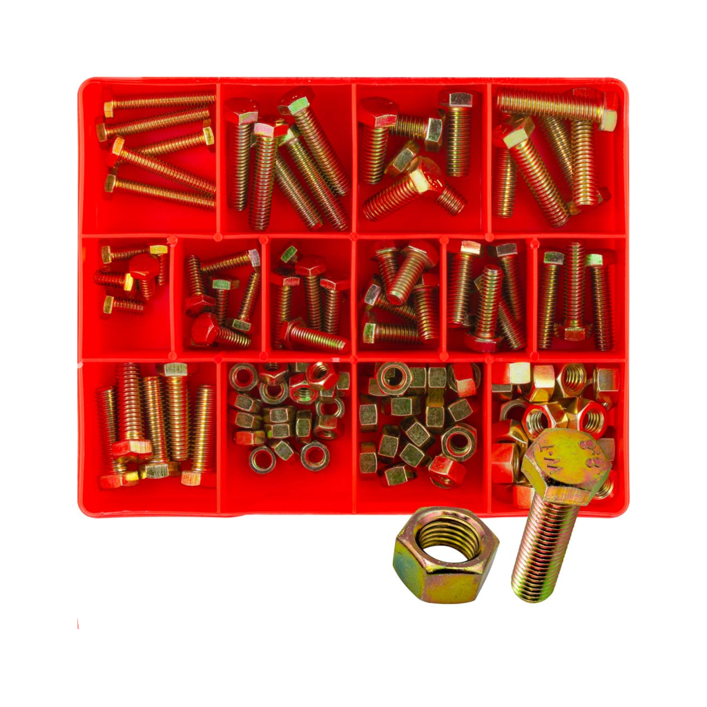Set Screw & Nut Assortment Kit, Champion, Imperial UNC, Zinc Plated, High Tensile GR5, 14 Sizes (1/4″ to 3/8″) - 113 Piece