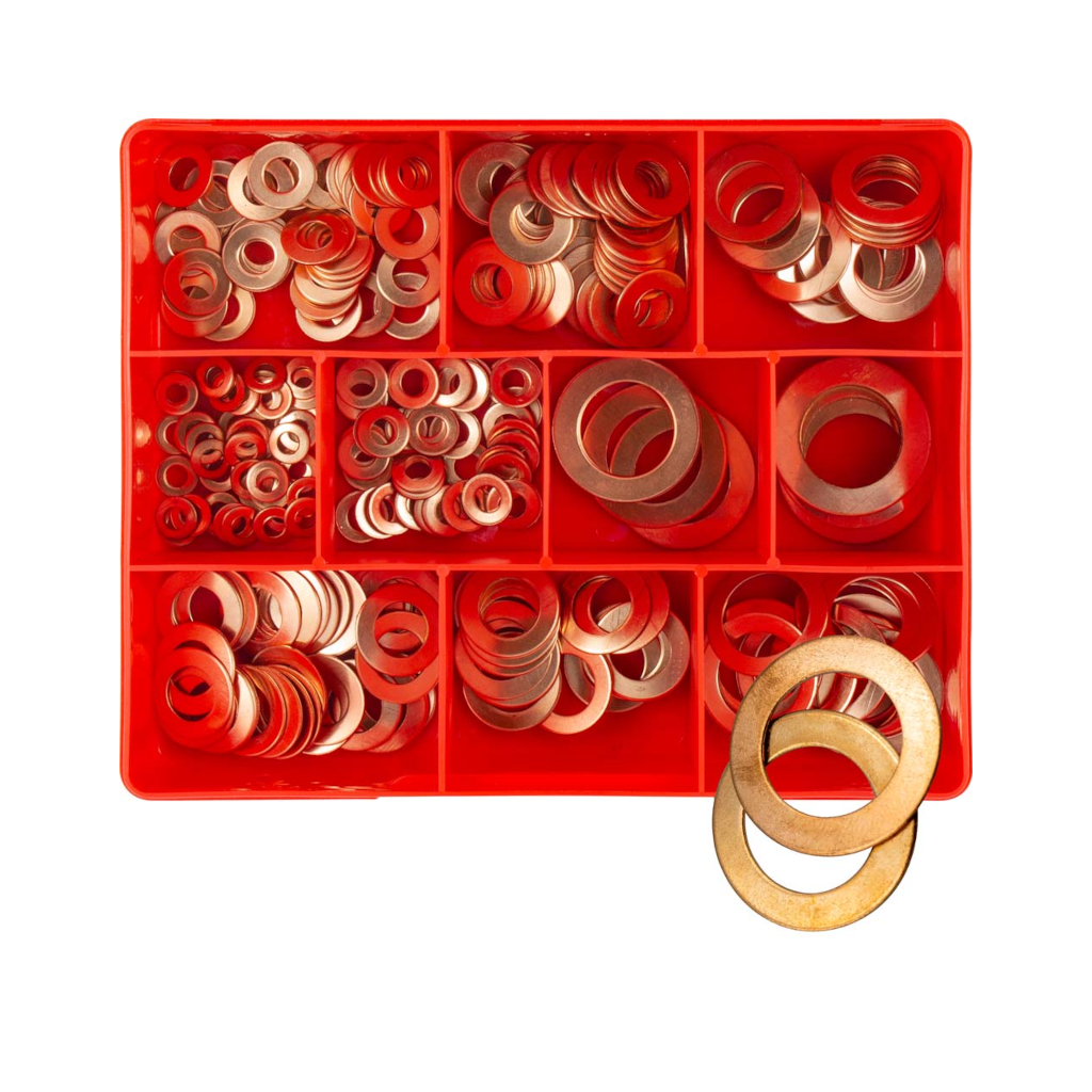 Copper Washer Assortment Kit, Champion, Metric, 1mm Thickness, 10 Sizes (5mm to 24mm) - 260 Piece