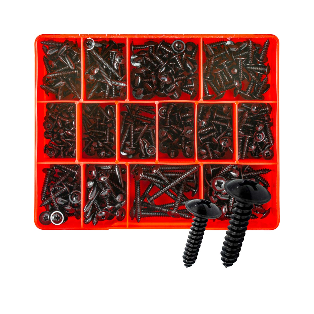 Self Tapping Screws Assortment Kit, Champion, Metric, Phillips Mushroom Head, Black Zinc Plated, 14 Sizes - 415 Piece