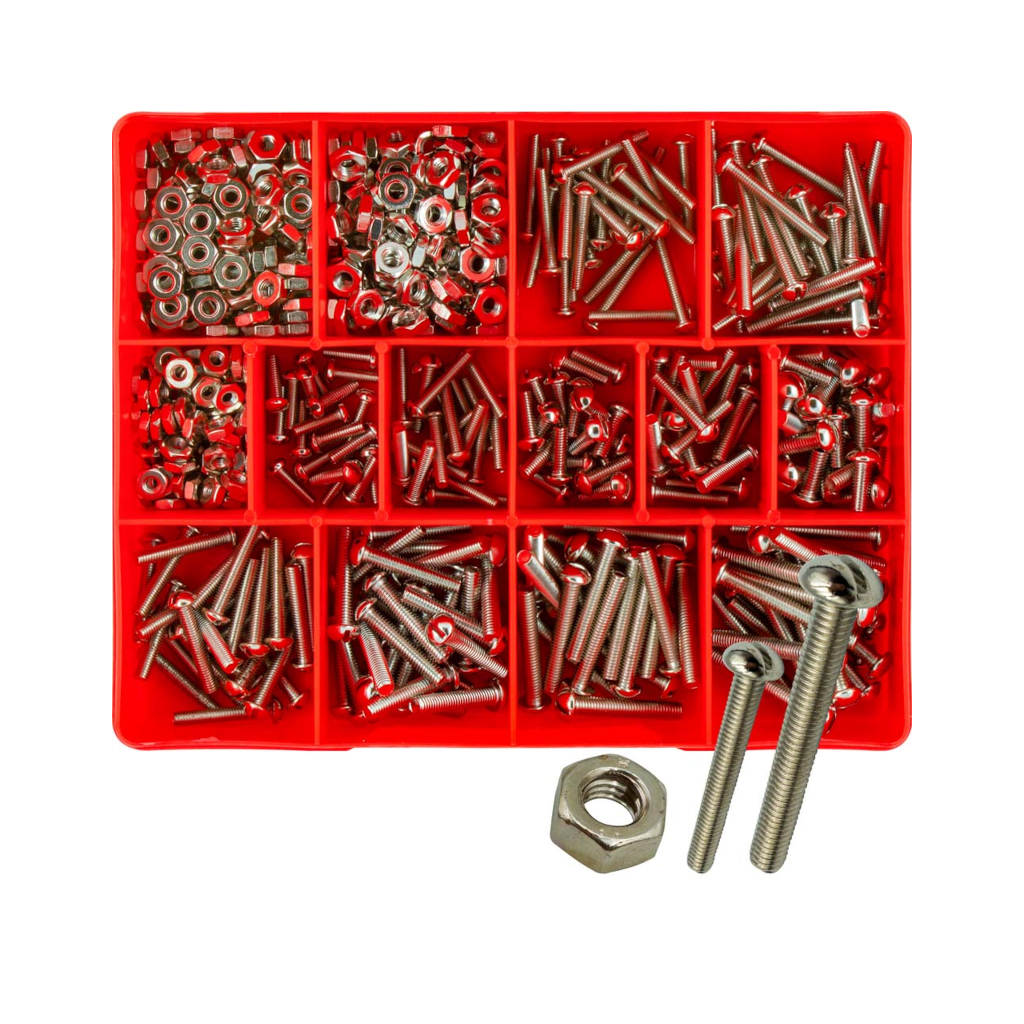 Screw & Nut Assortment Kit, Champion, Imperial, Nickel Plated, Fine Thread, 14 Sizes (6/40" to 10/32") - 300 Pieces