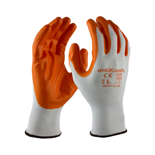 Safety Gloves, Poly with Orange Nitrile Coating, High Quality, Large - 5 Pack