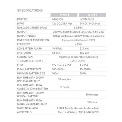 Inverter, Modified Sine Wave Inverter, 12v, 2000w - Each