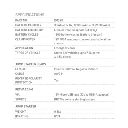 Jump Starter, Projecta, Lithium Intelli-Start, 12v, 1200a - Each