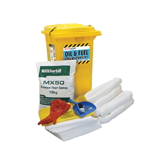 Spill Kit, MAXSORB, Oil & Fuel, with Gloves, Absorbent Granules & Other Supplies, 120lt Bin - Each