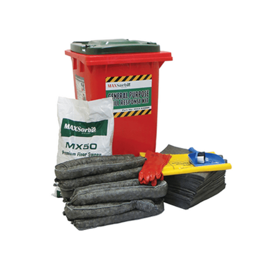 Spill Kit, MAXSORB, General Purpose, with Gloves, Absorbent Granules & Other Supplies, 240lt Bin - Each