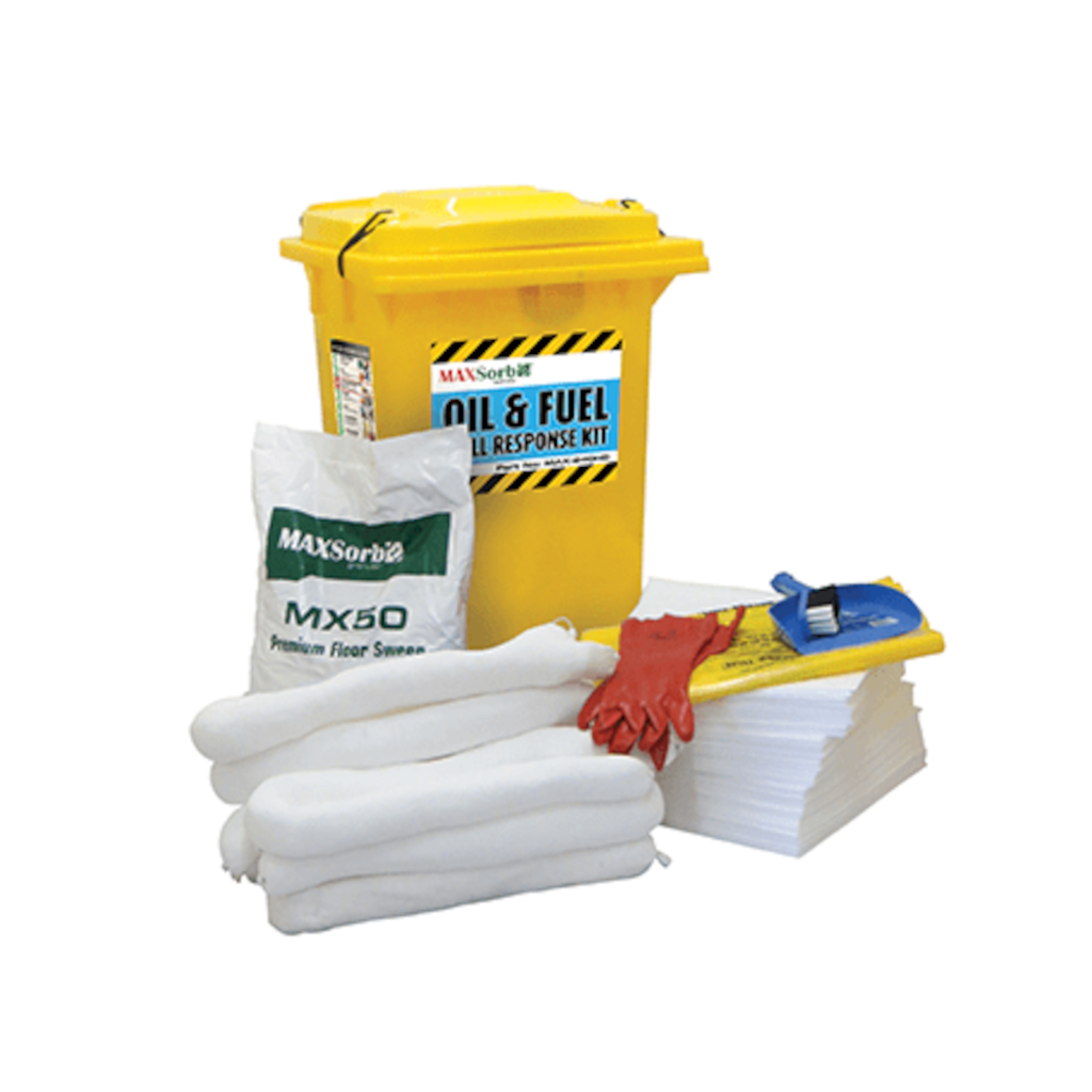 Spill Kit, MAXSORB, Oil & Fuel, with Gloves, Absorbent Granules & Other Supplies, 240lt Bin - Each