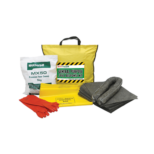 Spill Kit, MAXSORB, General Purpose, with Gloves, Absorbent Granules & Other Supplies, 40lt Bag - Each