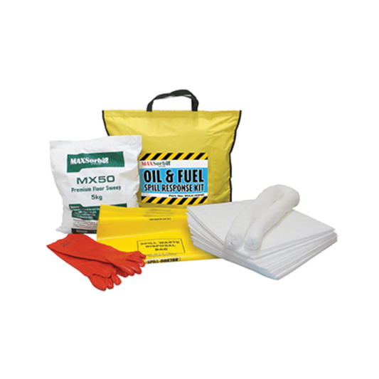 Spill Kit, MAXSORB, Oil & Fuel, with Gloves, Absorbent Granules & Other Supplies, 40lt Bag - Each