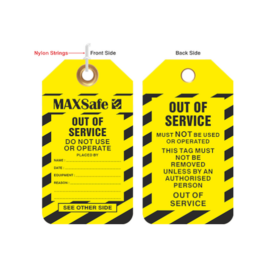 Lockout Tag, MAXSAFE, Tearproof, "Out of Service Do Not Use or Operate", Reversible, Black/Yellow - 100 Pack