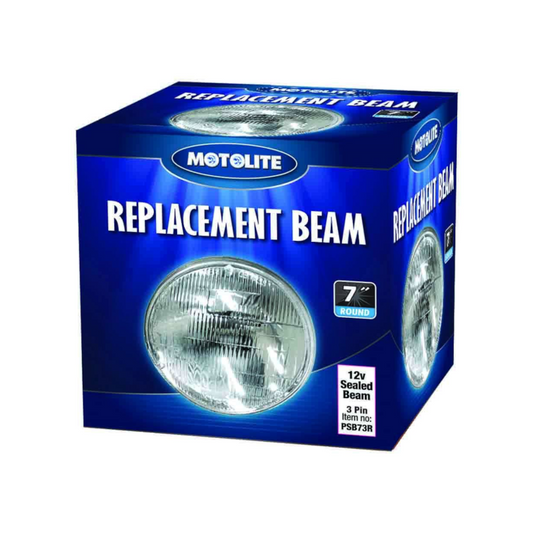 Sealed Beam Headlamp, Motolite, 3 Pin, Curved, 75/50w, 178mm (D), 7" Round - Each