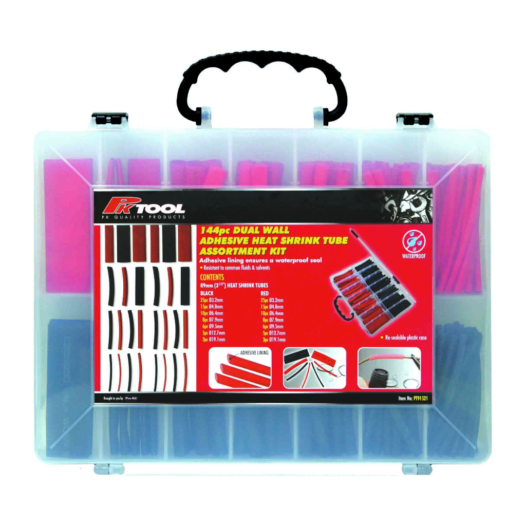 Heatshrink Assortment, Dual Wall, 3-19mm Width, 89mm Lengths - 144 Piece
