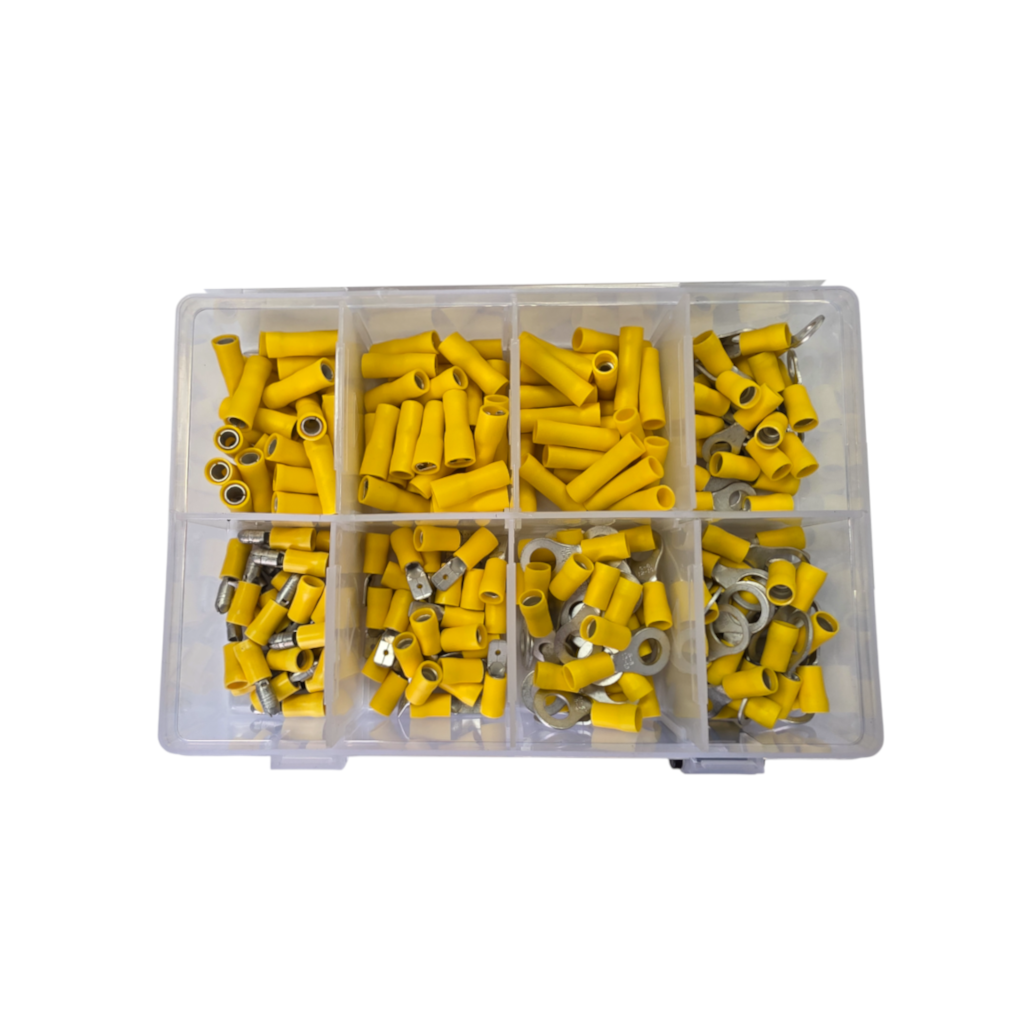 Crimp Terminal Assortment Kit, RPT, Ring/Bullet/Blade/Joiner, Yellow, Assorted Sizes - 200 Piece